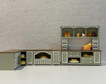 Ensemble complet d'armoires de cuisine miniatures rustiques – Meubles de maison de poupée de ferme 1∶6/1∶12