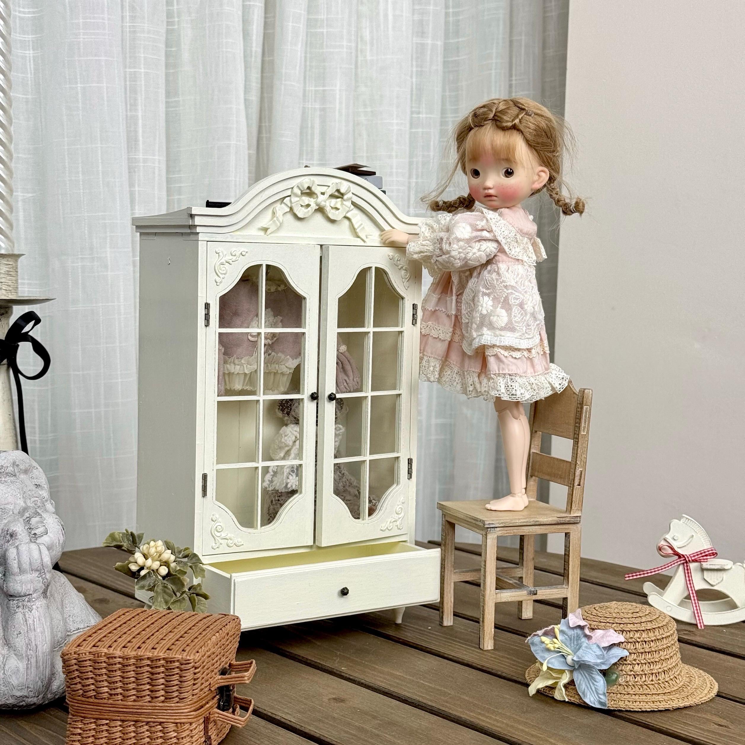 Vintage French Style Doll Wardrobe – Miniature Wooden Armoire With