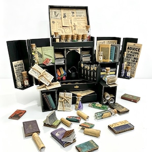 May include: A miniature black apothecary cabinet with multiple shelves, drawers, and compartments, filled with tiny books, scrolls, bottles, and vials. The cabinet is surrounded by additional miniature items, including books and scrolls, creating a whimsical scene.