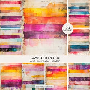 Layered in Ink Vol. 1 – Mixed Media Watercolor Journal Backgrounds, 5.5x8.5 Half Page Papers, Commercial Use Digital Art Assets