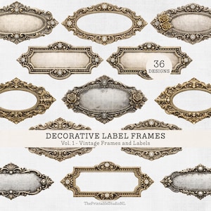 May include: A collection of 36 vintage decorative label frames in various shapes, including oval and rectangular designs. The frames are in shades of gold and silver, with ornate detailing and floral accents. The text "DECORATIVE LABEL FRAMES" is visible.