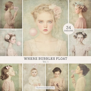 Where Bubbles Float | 34 Vintage Portrait Art Images | Dreamy Printable Art Bundle | Junk Journal & Scrapbook Pages | Commercial Use