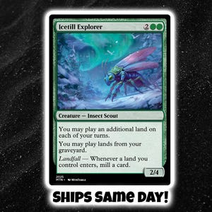 May include: A green Magic: The Gathering card titled "Icetill Explorer" featuring an insect-like creature with purple wings. The card has text describing its abilities and a power/toughness of 2/4. The text "SHIPS SAME DAY!" is also visible.