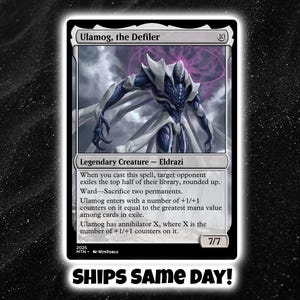 May include: A Magic: The Gathering trading card titled Ulamog, the Defiler, featuring a dark, armored Eldrazi creature with white flowing appendages. The card text details its abilities, power, and toughness of 7/7, set against a black background.