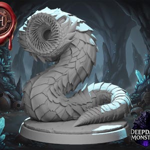 May include: A detailed, gray, fantasy creature figurine with a segmented body and a large, circular head. The figurine is on a round base, with a dark, cavernous background. The logo "Deep Dark Monsters" is visible.