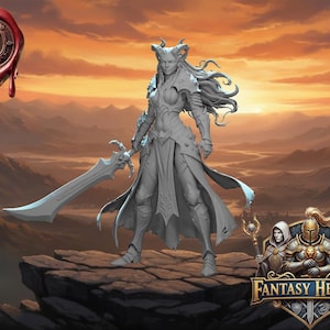 Peut inclure: Figurine de fantaisie grise d'une guerrière avec des cornes, une armure et une grande épée, debout sur une formation rocheuse. L'arrière-plan présente un coucher de soleil sur un paysage montagneux. L'image comprend le logo Fantasy Heroes et un sceau.
