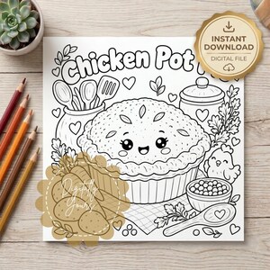 Kawaii Herbst-Malvorlage: Hühnerpastete | Druckbare PDF-Datei (Digitaler Download)
