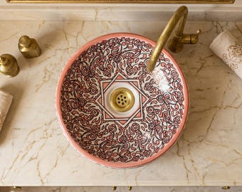 Handmade Ceramic Vessel Sink - 35cm Round Moroccan Bathroom Basin - Hand Painted Floral Vanity Bowl - Artistic Countertop Washbasin.