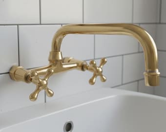 Unlacquered Brass Bridge Faucet - Wall Mounted Kitchen Tap with Cross Handles - Vintage Style Gold Mixer Faucet for Farmhouse Sink
