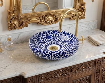 Lavabo de cerámica marroquí de lujo hecho a mano en azul y blanco – Lavabo de baño pintado a mano – Desagüe de latón incluido – Decoración bohemia