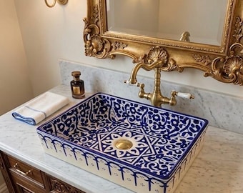 Hand Painted Moroccan Ceramic Sink Blue White – Rectangular Vessel Bathroom Sink, Vintage Luxury Vanity Basin, Artisan Wash Basin Home Decor