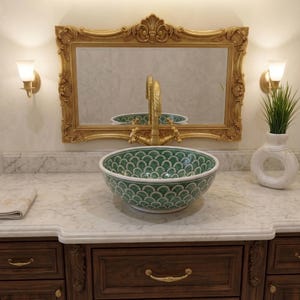 Green Moroccan Ceramic Vessel Sink - Hand-Painted Round Countertop Washbasin - Bathroom Vanity Art - Unique Emerald Fish Scale Pattern Basin