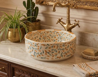 Lavabo-vasque en céramique floral peint à la main - Lavabo de salle de bain rond Art déco - Lavabo plan de toilette - Décoration d'intérieur botanique unique