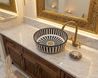 Moroccan Handmade Ceramic Sink Round – Black White Striped Vessel Basin – Luxury Bathroom Vanity Sink – Artisan Wash Bowl Decor