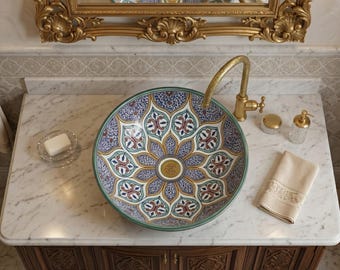 Handmade Moroccan Ceramic Vessel Sink, Round Hand-Painted Bathroom Washbasin, Boho Chic Countertop Basin, Unique Artisan Home Decor Gift