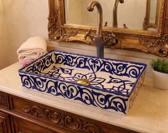 Lavabo rectangular de cerámica hecho a mano - Lavabo marroquí azul y blanco - Lavabo para baño - Lavabo Art Déco pintado a mano