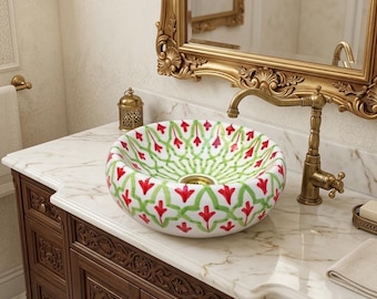 Lavabo in ceramica marocchino dipinto a mano / Mobile da bagno di lusso / Elegante design tradizionale / Decorazione per mobile bagno realizzata a mano