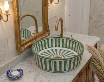 Handmade Moroccan Green Ceramic Sink – Round Vessel Bathroom Sink – Luxury Artisan Wash Basin – Unique Vanity Sink– Modern Rustic Home Decor