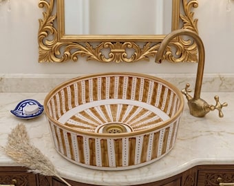 Pia de cerâmica dourada feita à mão - Lavatório redondo marroquino estilo Zellige para banheiro, pia de bancada de luxo - Pia artística pintada à mão em dourado e branco