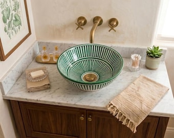 Green Ceramic Bathroom Sink - Round Vessel Basin - Hand-Painted Countertop Sink - Boho Bathroom Decor - Moroccan Pottery