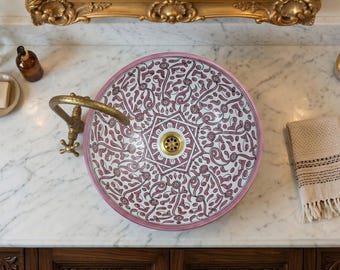 Lavabo de cerámica artesanal - Lavabo redondo de baño con arabesco morado - Lavabo de cerámica marroquí - Lavabo de encimera de lujo