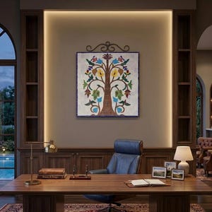 Op de afbeelding: Een vierkante wandhanger met een centraal boommotief met bruine stam en takken, versierd met kleurrijke bladeren in tinten blauw, geel, groen en rood, tegen een witte achtergrond met een decoratieve donkere metalen kruldecoratie.