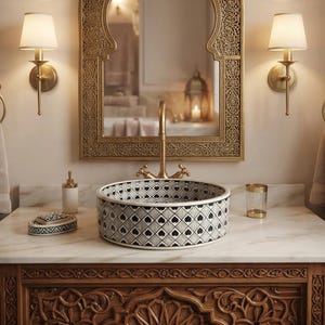 May include: A round ceramic vessel sink featuring a black and white diamond pattern with small heart shapes inside each diamond. The sink is placed on a white marble countertop with a gold faucet, a soap dispenser, and a matching soap dish.