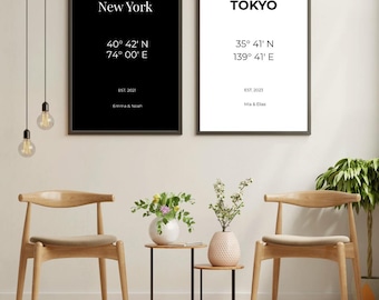 May include: Two framed city posters, one black and one white, with city names, coordinates, and dates. The black poster says "New York" and the white poster says "Tokyo." The image also shows two wooden chairs and small side tables.