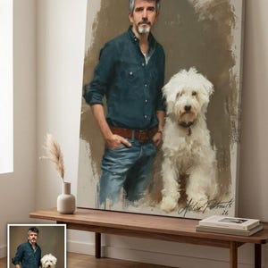 May include: Oil painting portrait of a man and a white dog. The man is wearing a blue shirt and jeans. The dog is fluffy. The painting is signed "Atelier Portraits .26". The painting is displayed on a wooden bench.