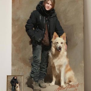 May include: An oil painting portrait of a person and a dog. The person is wearing a black jacket and dark pants, standing next to a cream-colored dog. A smaller framed version of the painting is in the foreground. The painting is signed "Atelier Portraits .26".