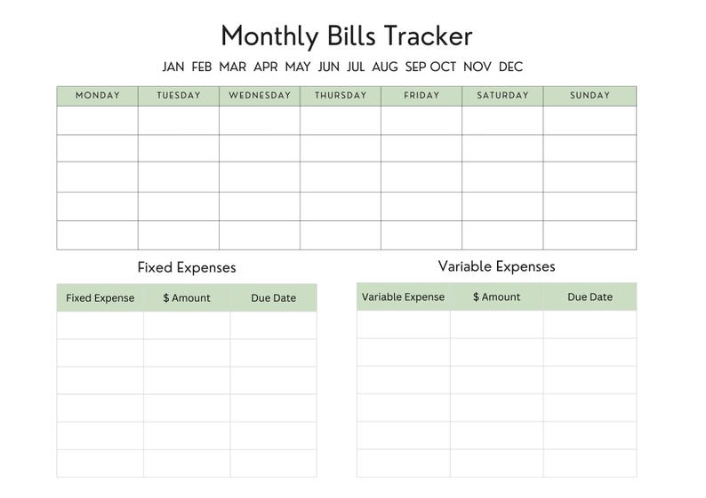 Monthly Bill Tracker Printable Template Budget Planner Expense Calendar ...