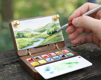 Caja de acuarela plegable con grabado personalizado y bolsa de cuero, kit de pintura portátil de viaje retro, minipaleta de acuarela de madera, suministros de arte.