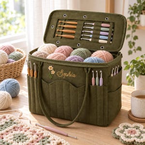 Personalized Embroidered Canvas Knitting Bag,Birth Flower Crochet Bag,Yarn Storage,Crochet Project Bag,Crochet Hook Holder,Gift For knitter