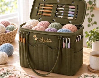 Personalized Embroidered Canvas Knitting Bag,Birth Flower Crochet Bag,Yarn Storage,Crochet Project Bag,Crochet Hook Holder,Gift For knitter