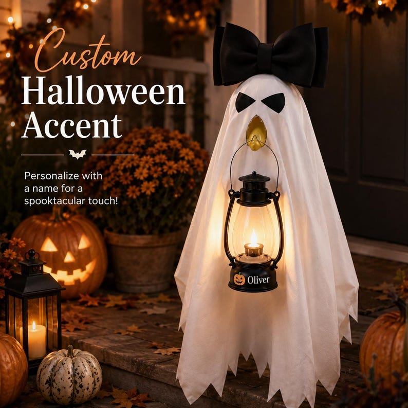 May include: A white ghost decoration featuring a large black bow on top, black eye cutouts, and a gold-colored beak. The ghost holds a black lantern with a glowing light and the text "Oliver" printed next to a small orange pumpkin icon.