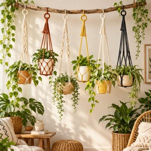May include: Six macrame plant hangers in cream, rust, yellow, and black, suspended from a horizontal wooden branch. Each hanger holds a potted plant with trailing green foliage. The hangers feature knotted cord designs and circular top rings.