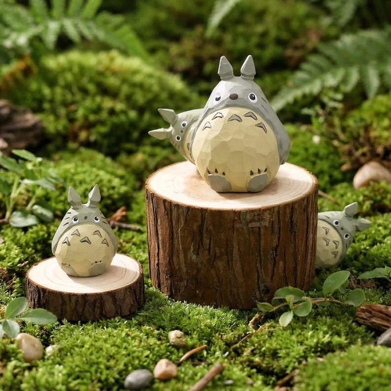 May include: Wooden figurines of the character Totoro from the animated film My Neighbor Totoro. The figurines are gray and tan, with a textured, carved appearance. One large Totoro sits on a wooden disc, with two smaller figures nearby, all set against a mossy background.