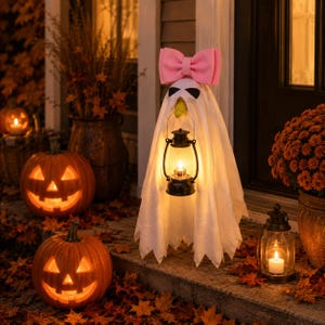 May include: A white ghost decoration featuring a large pink bow on top, black eye markings, and a yellow beak. The ghost is holding a black metal lantern with a glowing light inside, creating a festive Halloween display on a porch.
