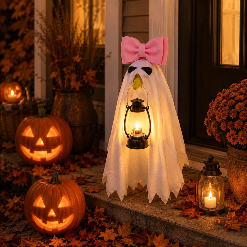 May include: A white ghost decoration featuring a large pink bow on top, black eye markings, and a yellow beak. The ghost is holding a black metal lantern with a glowing light inside, creating a festive Halloween display on a porch.