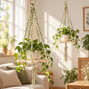 Puede incluir: Dos estantes colgantes para plantas con plataformas de madera clara suspendidas por cuerdas de macramé color crema. Cada estante sostiene una maceta de cerámica blanca con una planta potos verde de hojas colgantes.