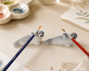 Soporte de cerámica con forma de foca adorable para pinceles, mini portalápices con forma de animal, regalo para material artístico, regalo para pintores, pequeño organizador de escritorio, decoración de mesa, regalo de inauguración de casa
