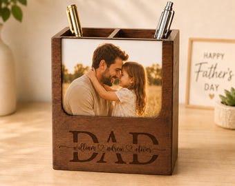 Fathers Day Gift, Wooden Pen Holder with Music, Hold Family Photo Frame Pen Holder, Pen Holder with Cute magnetic dog, Storage Music Box