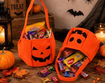 Bolsa personalizada para dulces de Halloween con forma de calabaza, cubo personalizado para niños para pedir dulces, bolsa de dulces con forma de calabaza de Halloween, bolsa de regalo reutilizable para fiestas de Halloween.