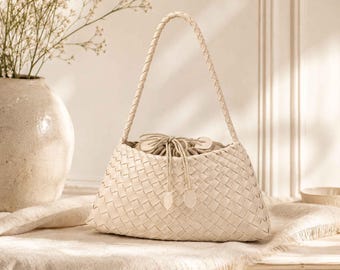 Personalized Leather Gift for Her, Custom Woven Leather Bag, French Style Tote, Cowhide Shoulder Bag, Handwoven Luxury Purse