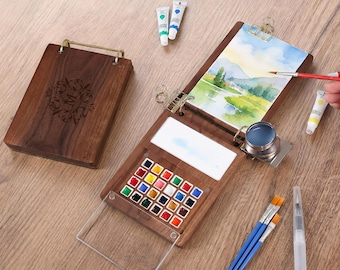 Set de pintura portátil de viaje con grabado personalizado, caja de acuarela de nogal, paleta de madera, cuaderno de bocetos, regalo creativo para pintor, material de arte.