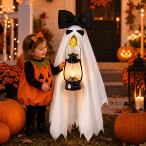 May include: A white ghost decoration featuring a large black bow on top, black eye cutouts, and a yellow beak. The ghost holds a black lantern with a lit candle inside, featuring a small white ghost graphic and the name Avery printed on the base.