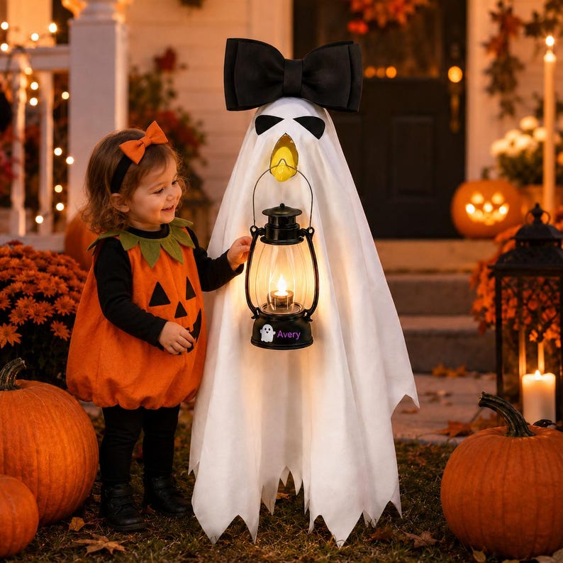 May include: A white ghost decoration featuring a large black bow on top, black eye cutouts, and a yellow beak. The ghost holds a black lantern with a lit candle inside, featuring a small white ghost graphic and the name Avery printed on the base.