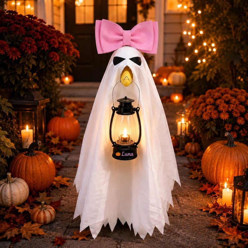 May include: A white ghost decoration featuring a large pink bow on top, black eye cutouts, and a yellow beak. The ghost holds a black metal lantern with a clear glass chimney and a small pumpkin icon with the text "Luna" printed on the base.