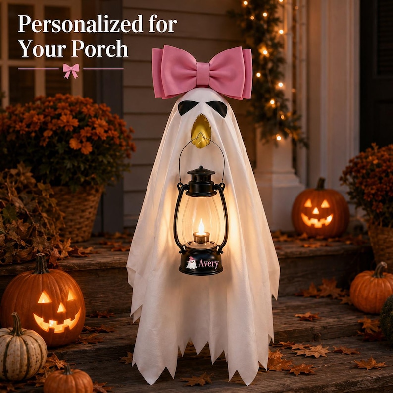 May include: A white ghost decoration featuring a large pink bow on top and a black lantern held in the center. The lantern base is personalized with the name Avery and a small ghost icon. The text Personalized for Your Porch appears above.