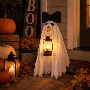 May include: A white ghost decoration featuring a large black bow on top and a black lantern held in the center. The ghost has two dark triangular eyes and a jagged bottom hem. The lantern emits a warm, glowing light from within the white fabric.